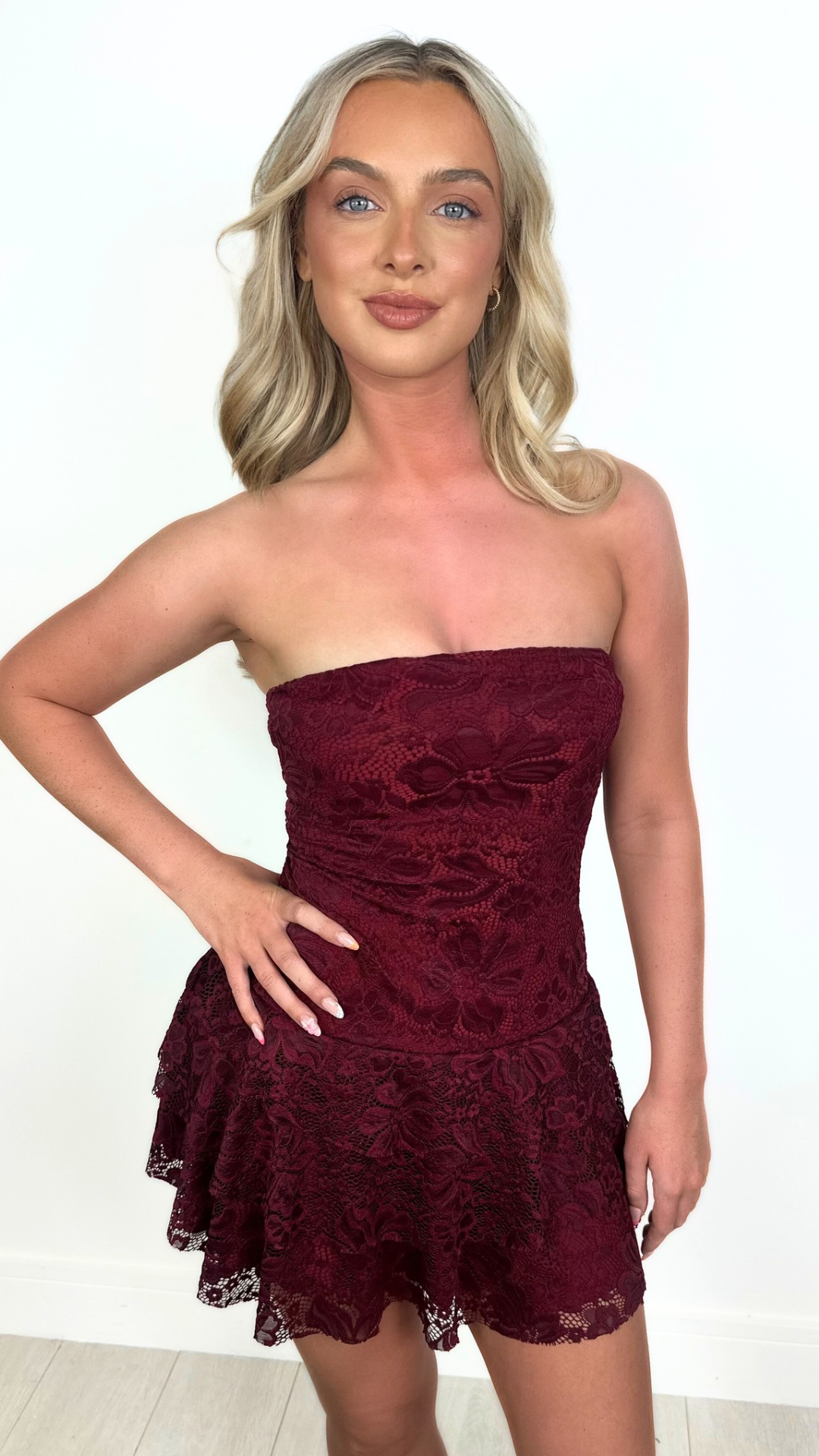 Pia - Bandeau Lace Frill Skirt Mini Dress Wine