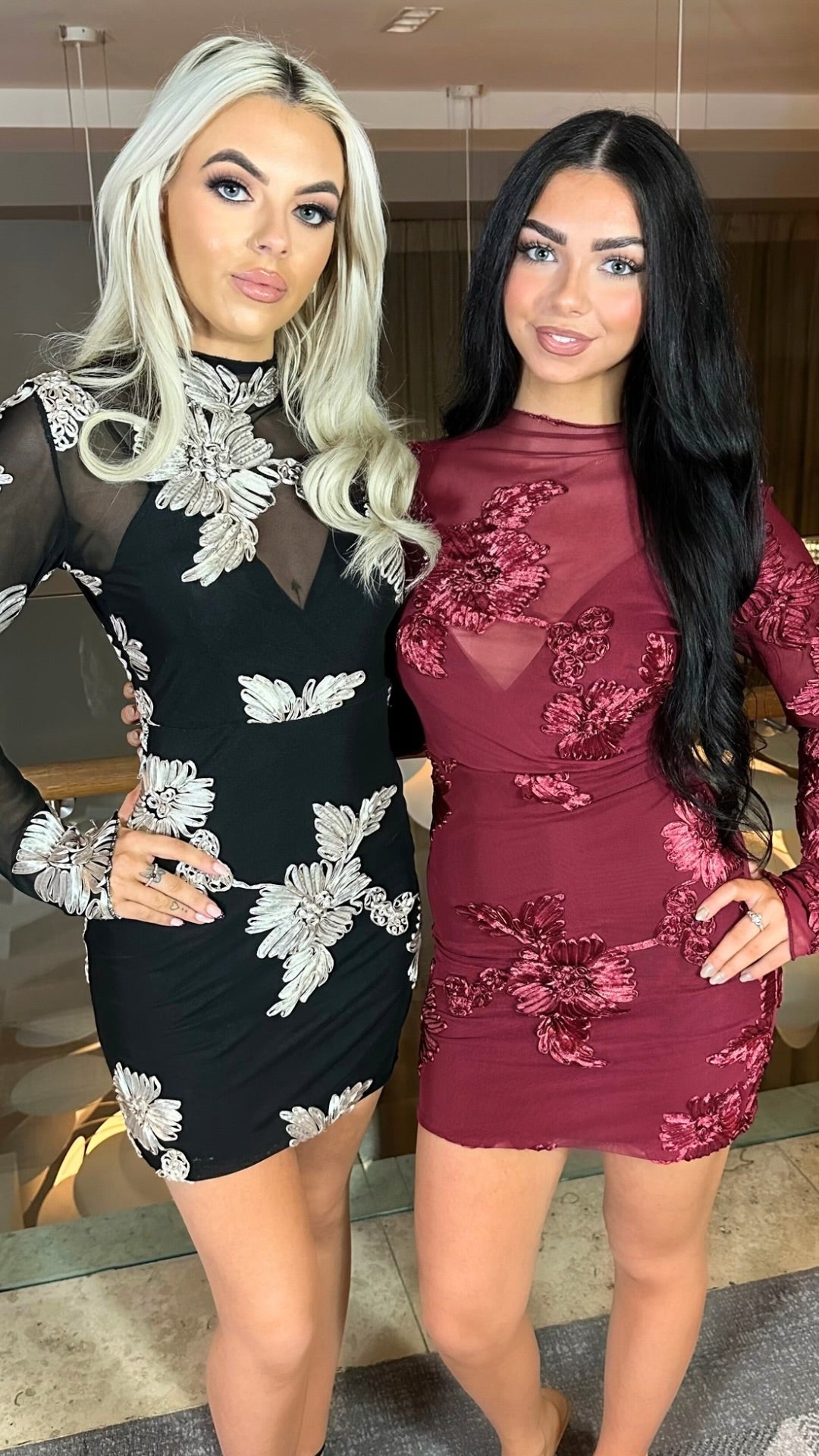 Aisha - Applique Long Sleeve Mini Dress Wine