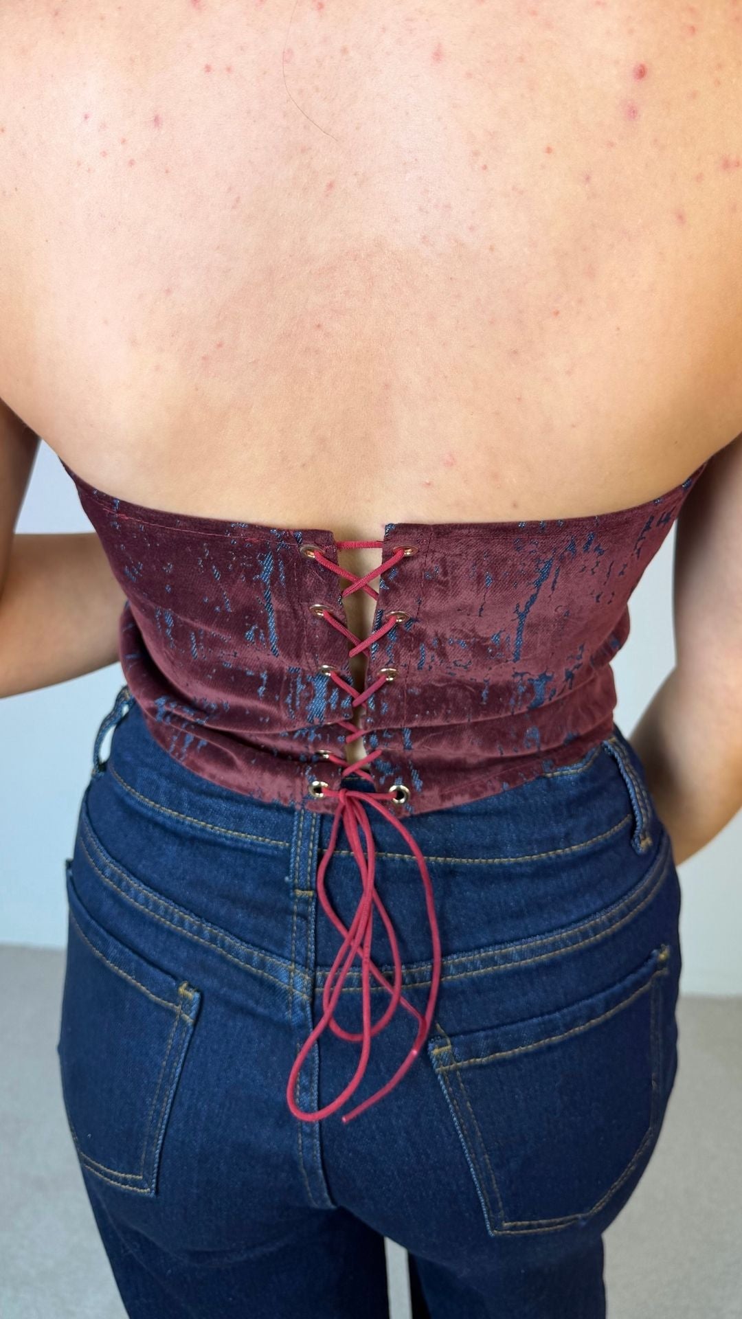 Devin - Velvet/Indigo Denim Corset Back Bustier Burgundy