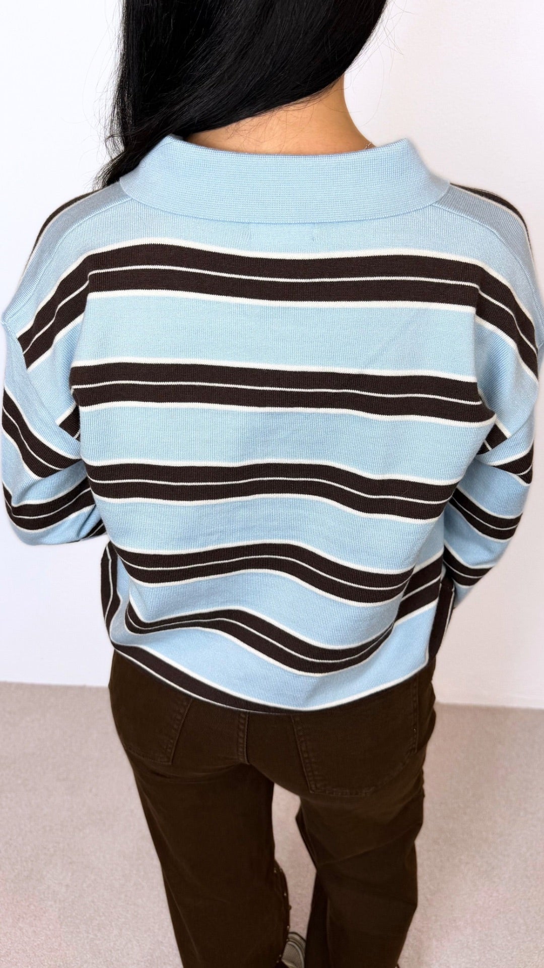 Georgia - Button Collar Blue/Brown Stripe Long Sleeve Knit