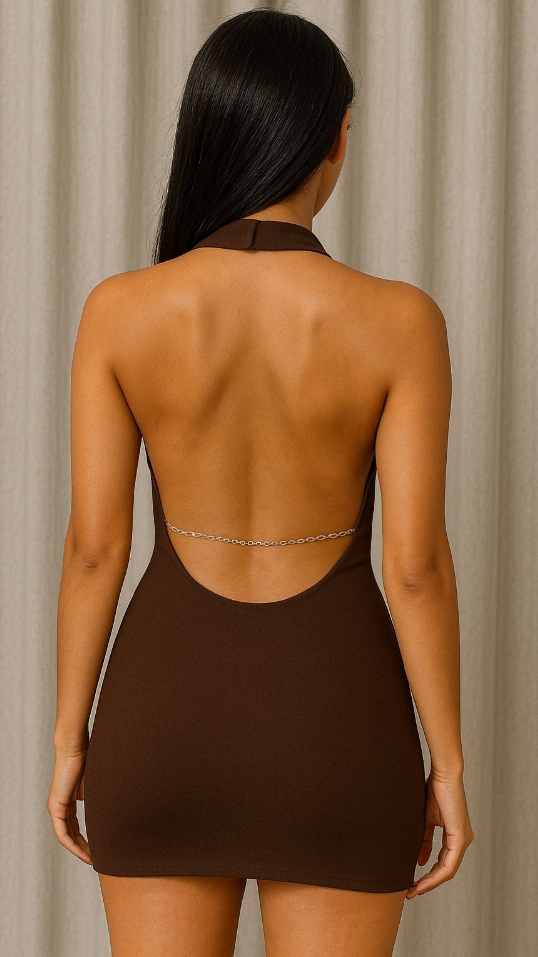 Gracie - Cowl Neck Diamonte Detail Dress Brown