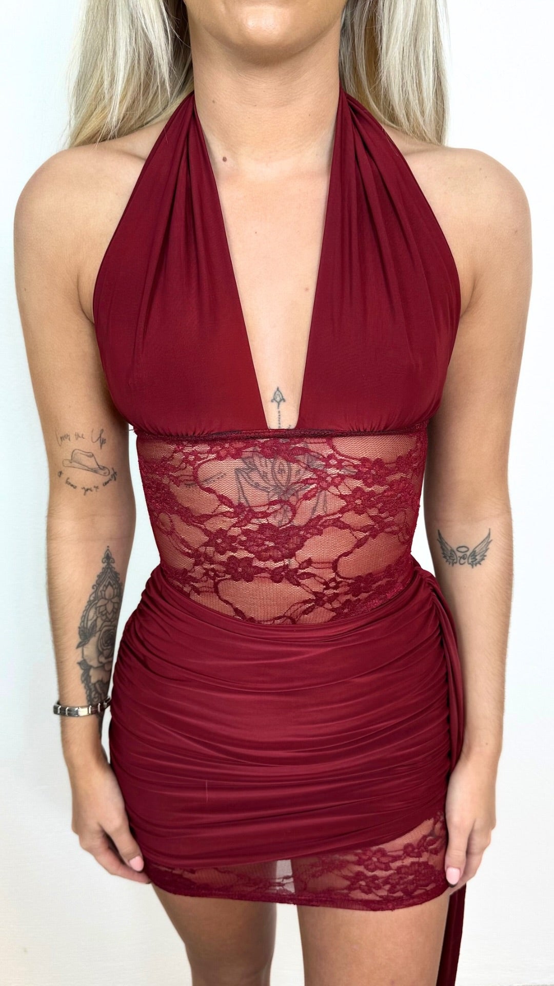 Ellise - Wine Lace Panel Drape Dress