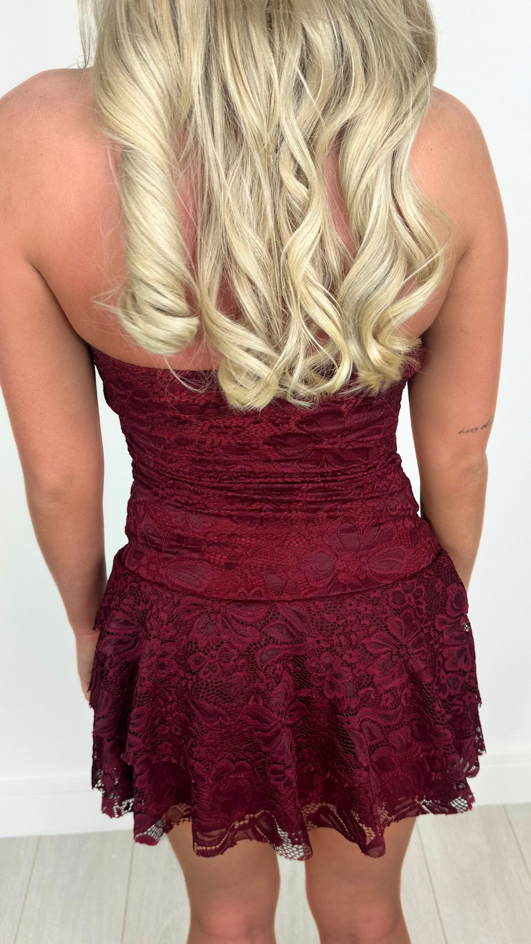 Pia - Bandeau Lace Frill Skirt Mini Dress Wine