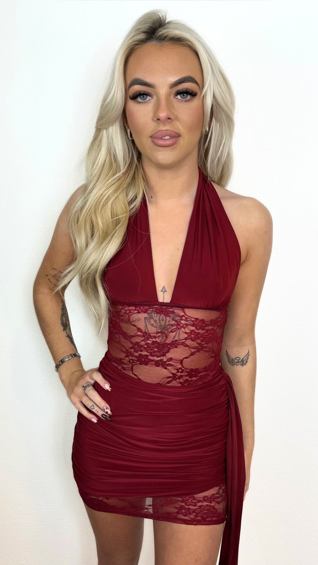 Ellise - Wine Lace Panel Drape Dress