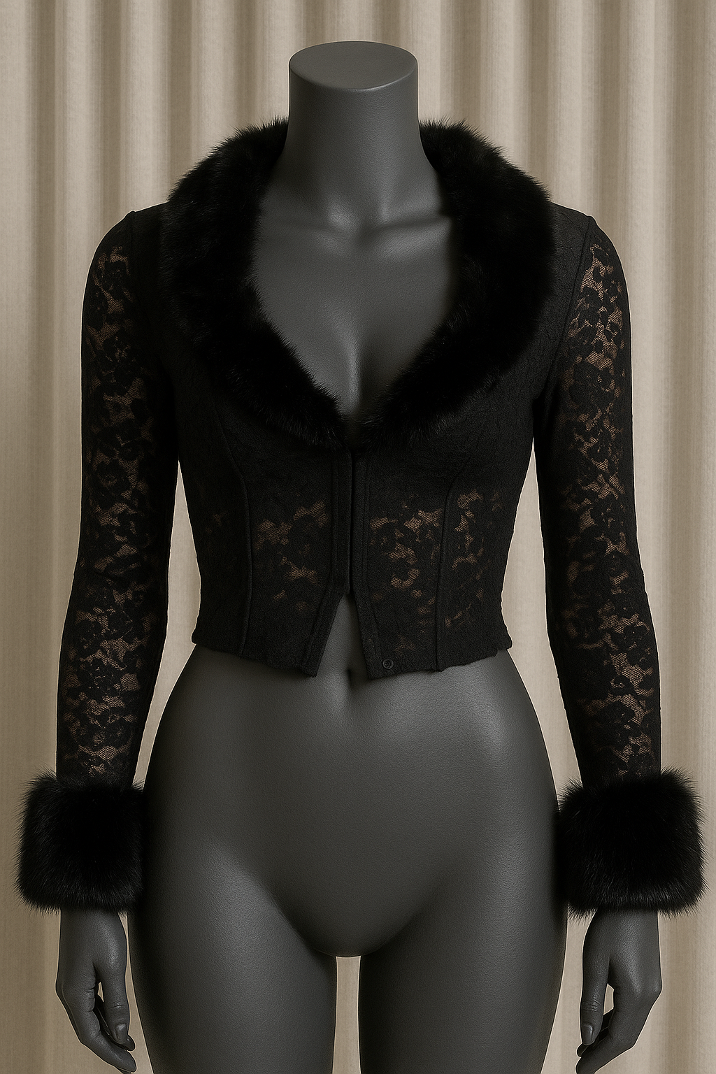 Kelsey - Black Lace Faux Fur Trim Top