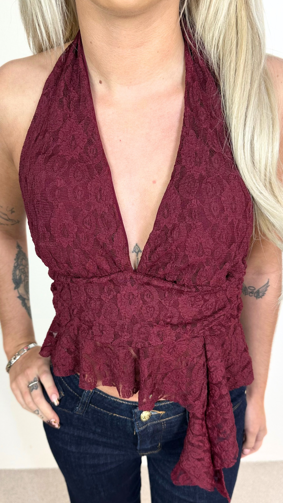 Rosa - Lace Halter Neck Top Wine