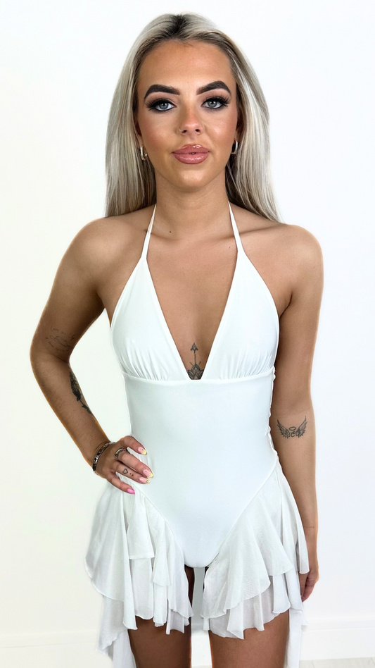 Avery - White Frill Slinky Bodysuit
