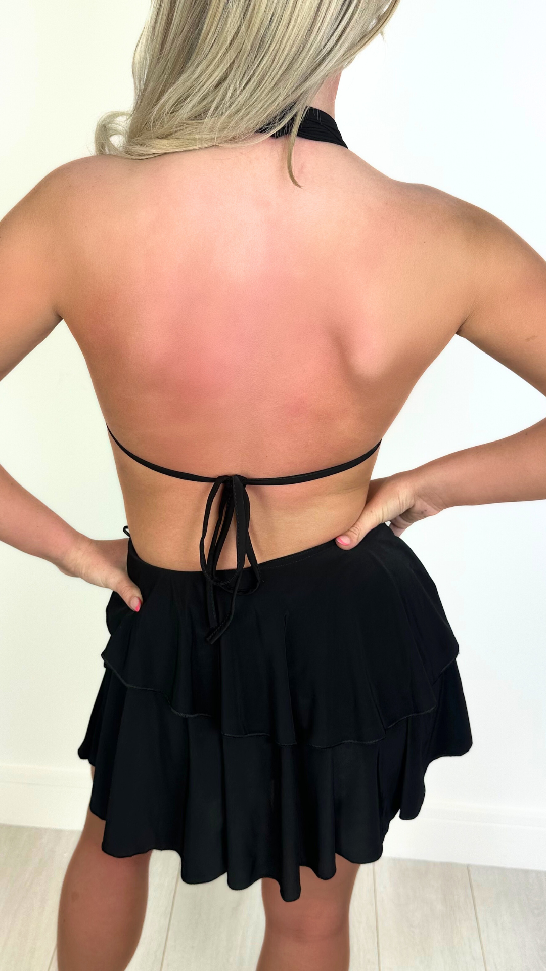 Annie - Frill Skirt Plunge Mini Dress Black