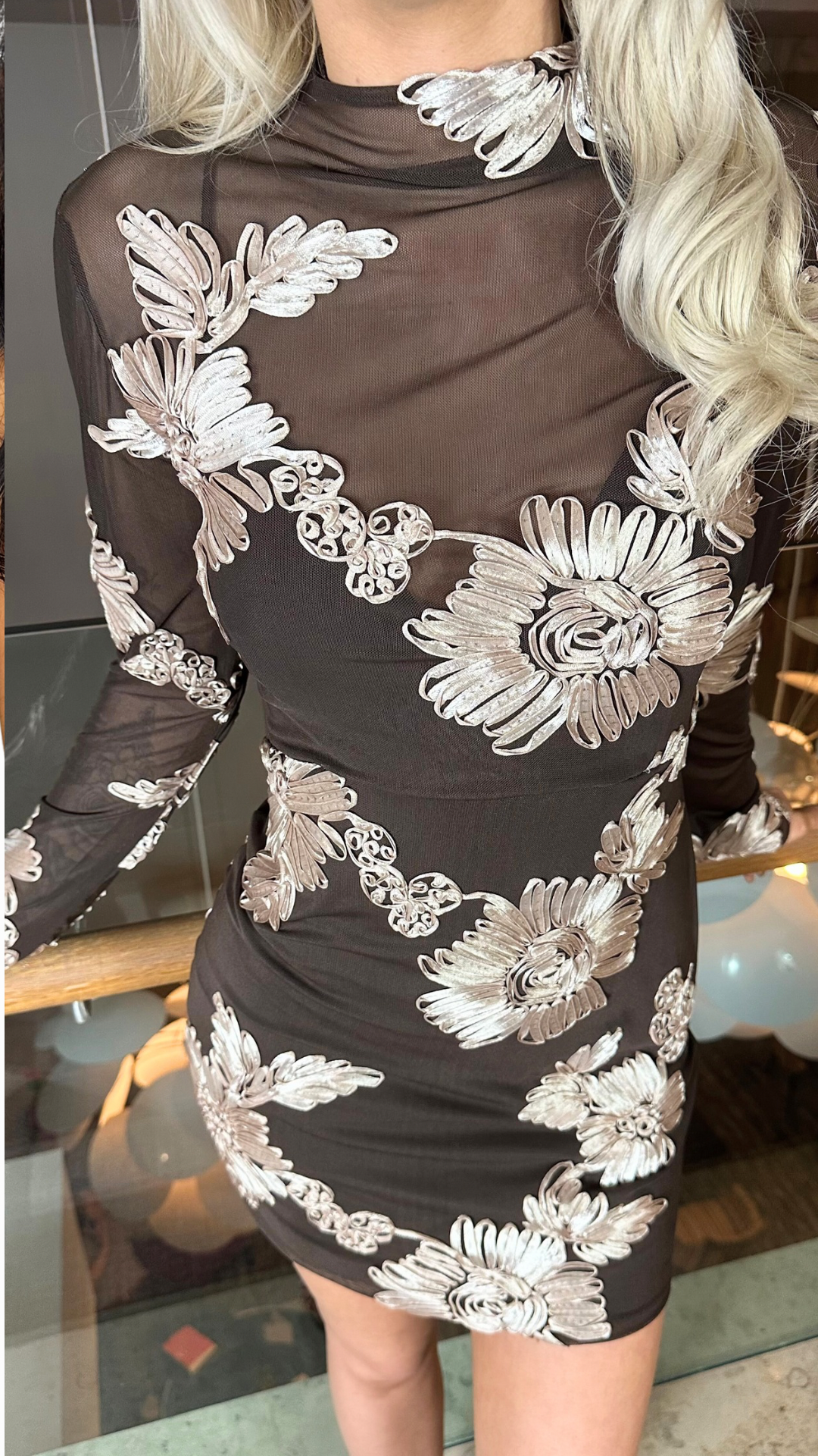 Aisha - Applique Long Sleeve Mini Dress Brown