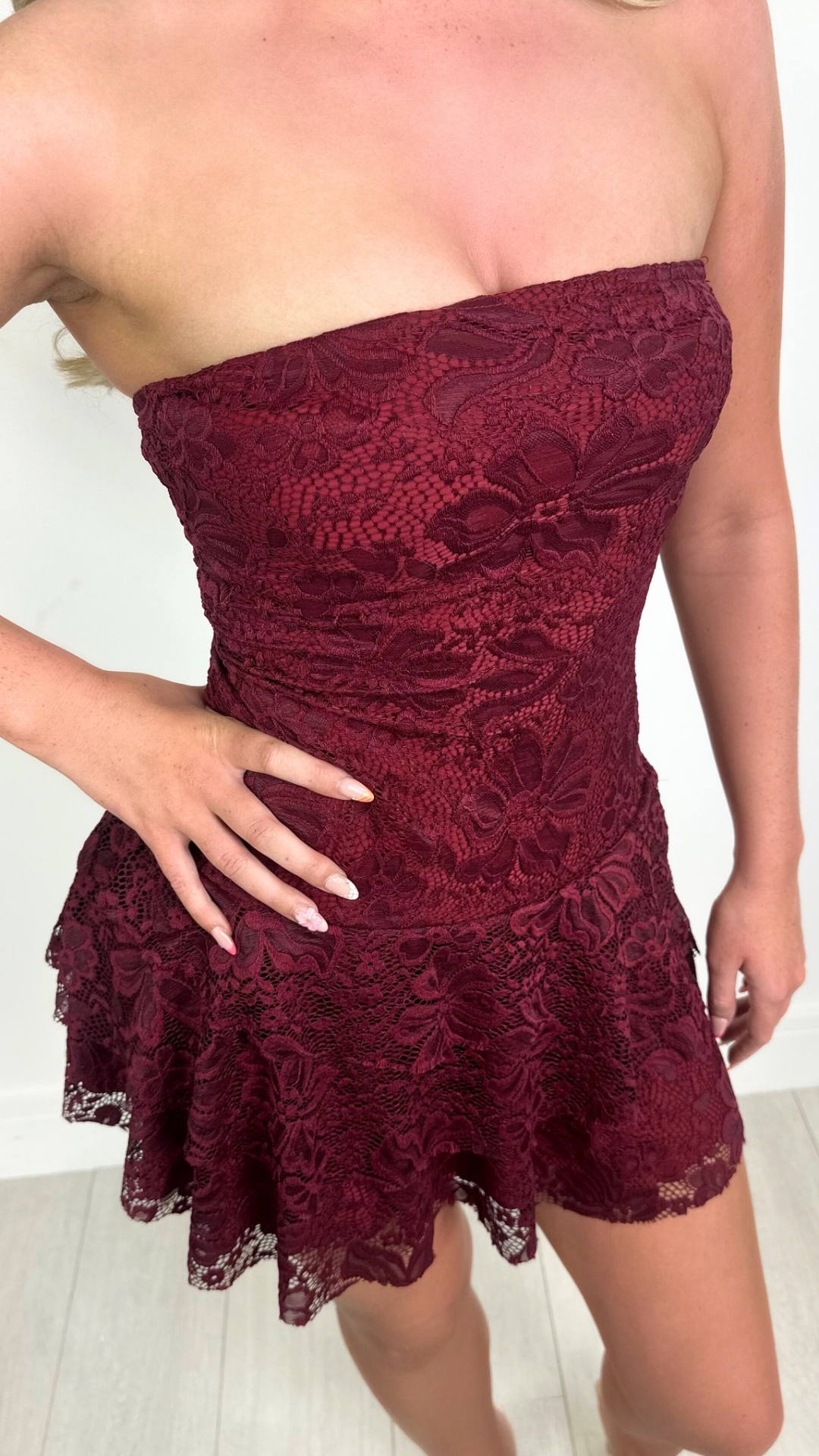 Pia - Bandeau Lace Frill Skirt Mini Dress Wine