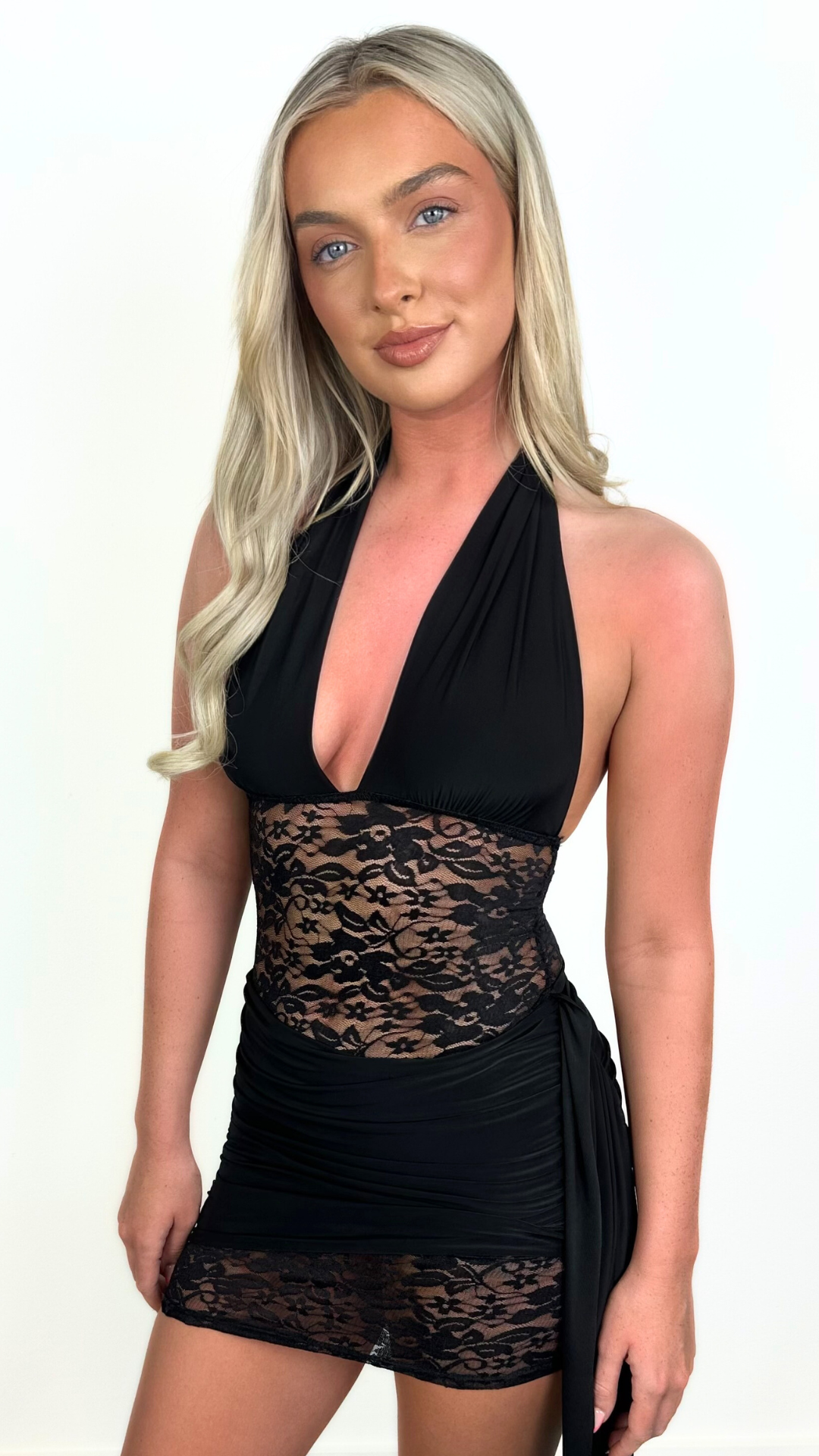 Ellise - Black Lace Panel Drape Dress