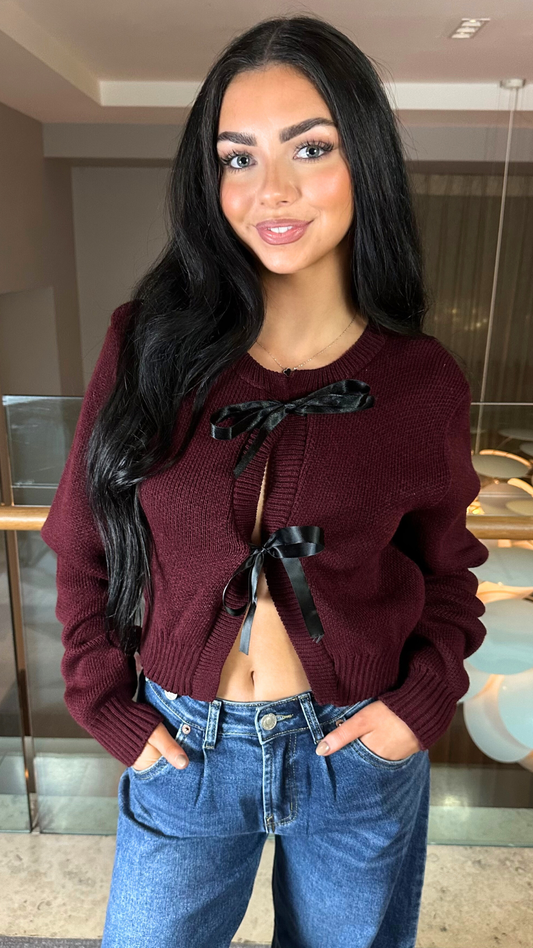 Shauna - Knit Ribbon Tie Cardi Wine