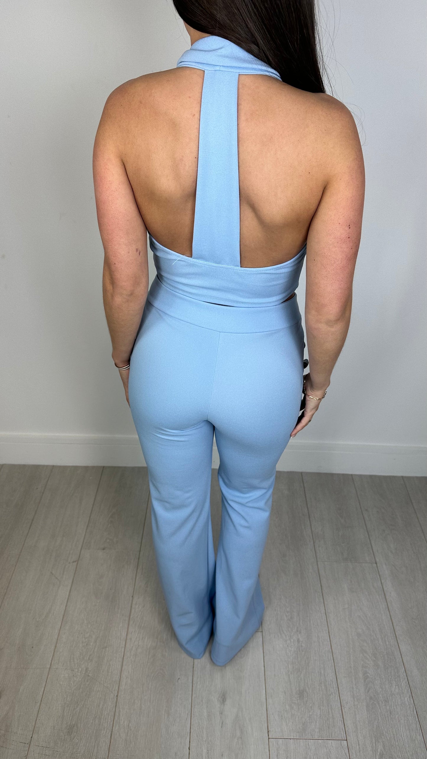 Kayla - Button Front Halter Trouser Suit Blue