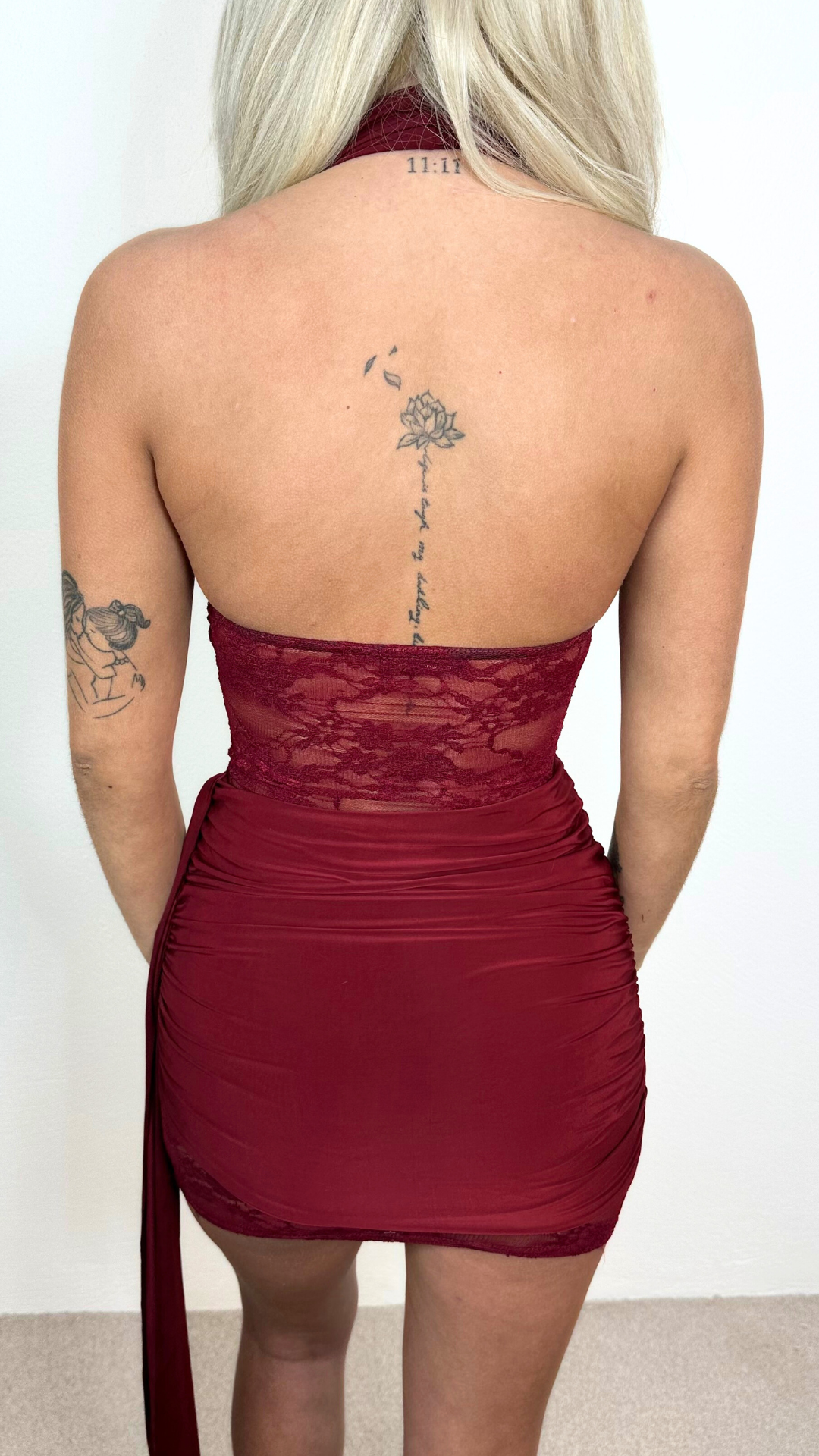 Ellise - Wine Lace Panel Drape Dress