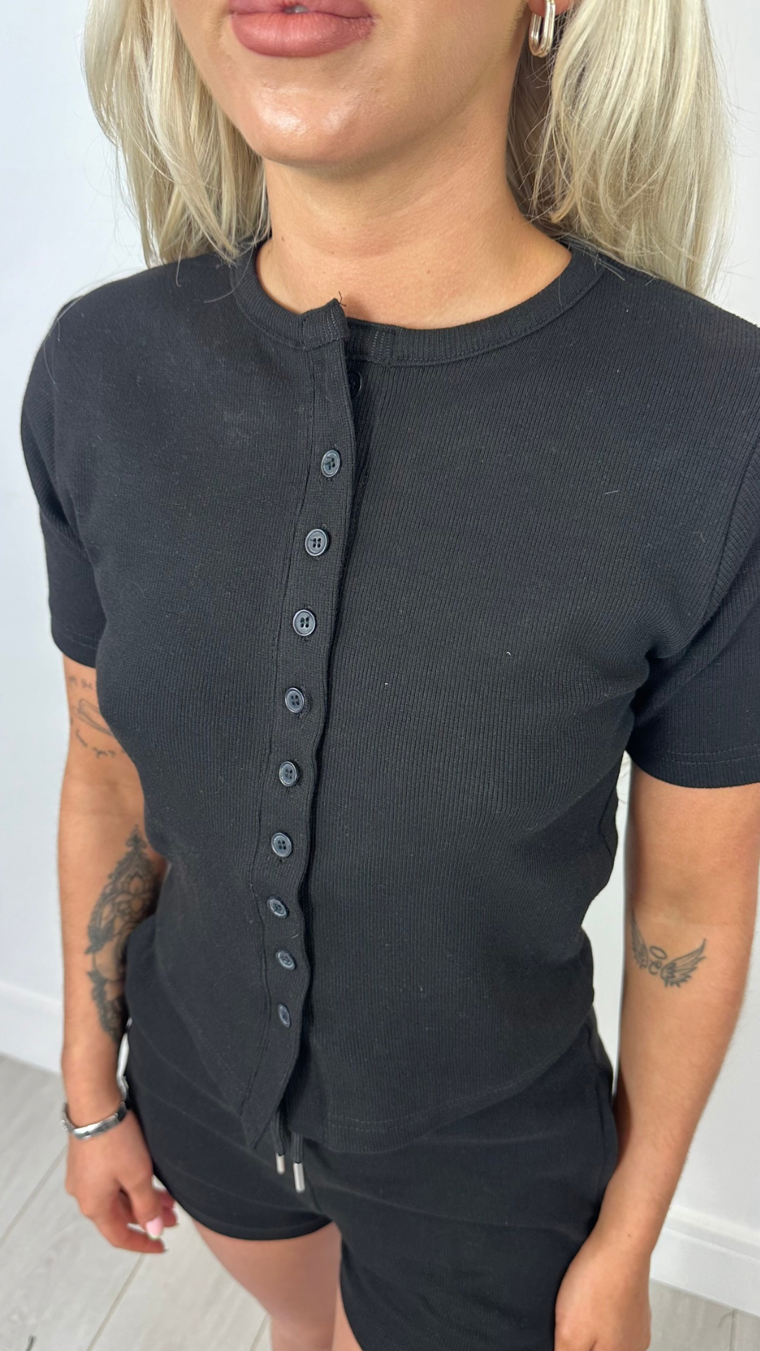 Chloe - Ribbed Button Front Stretch Co-ord Black