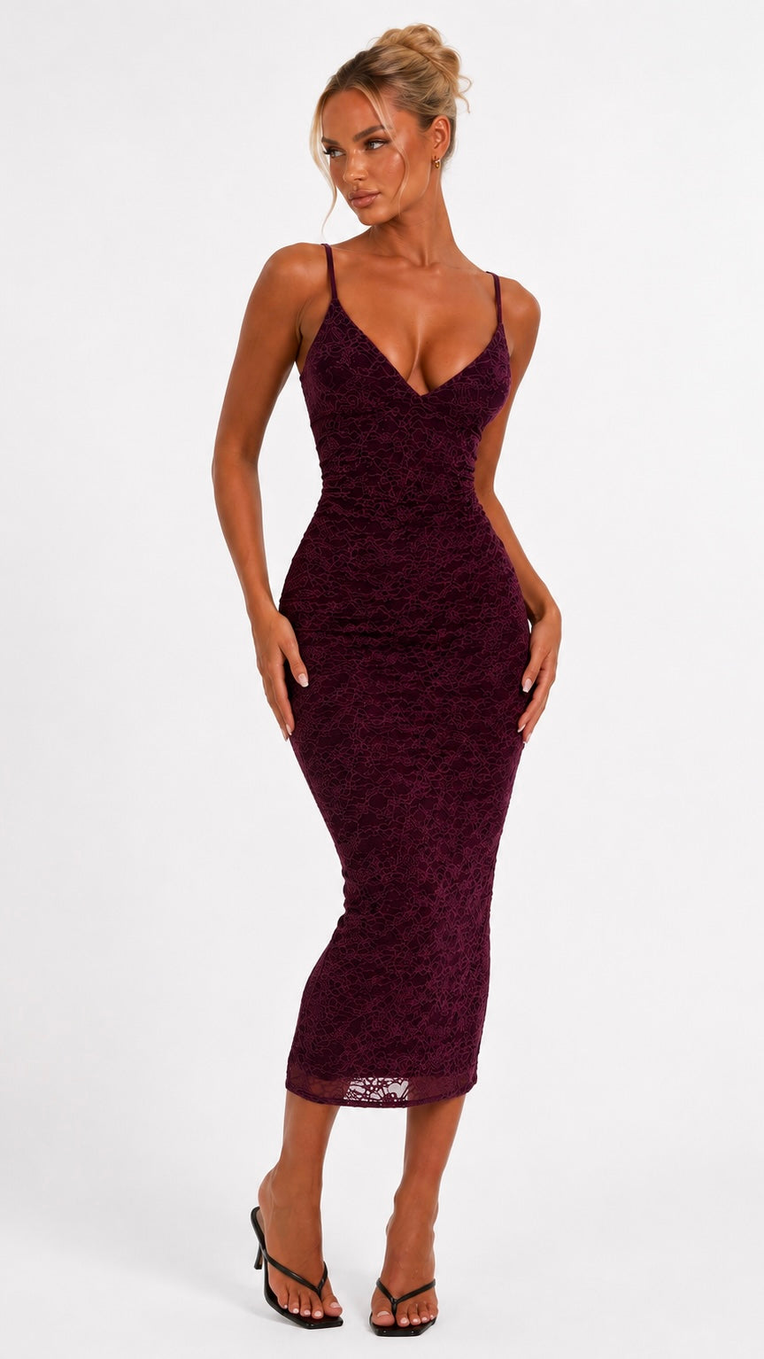 Daisy - Wine Lace Midi Dress