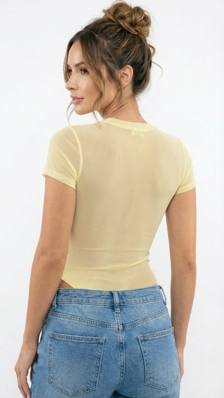 Terra - Lemon Satin Bustier Detail Mesh Bodysuit