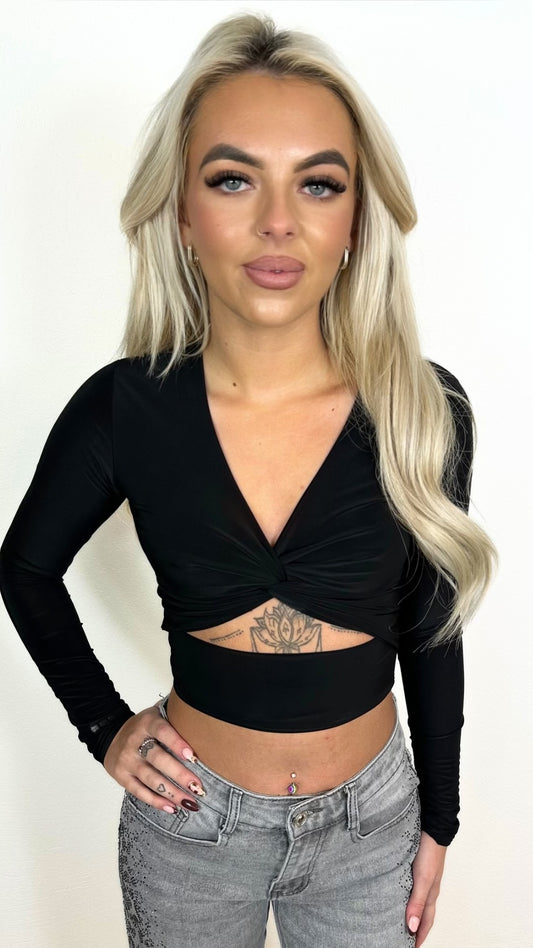 Dakota - Long Sleeve Twist Front Crop Black