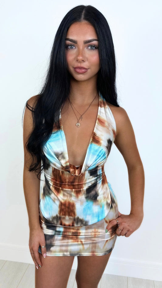 Cova - Halter Tie Back Co-Ord Blue/Tan