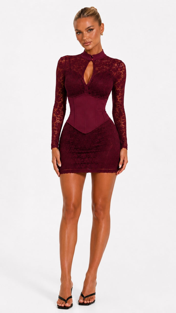 Elaina - Wine Lace Longsleeve Corset Dress