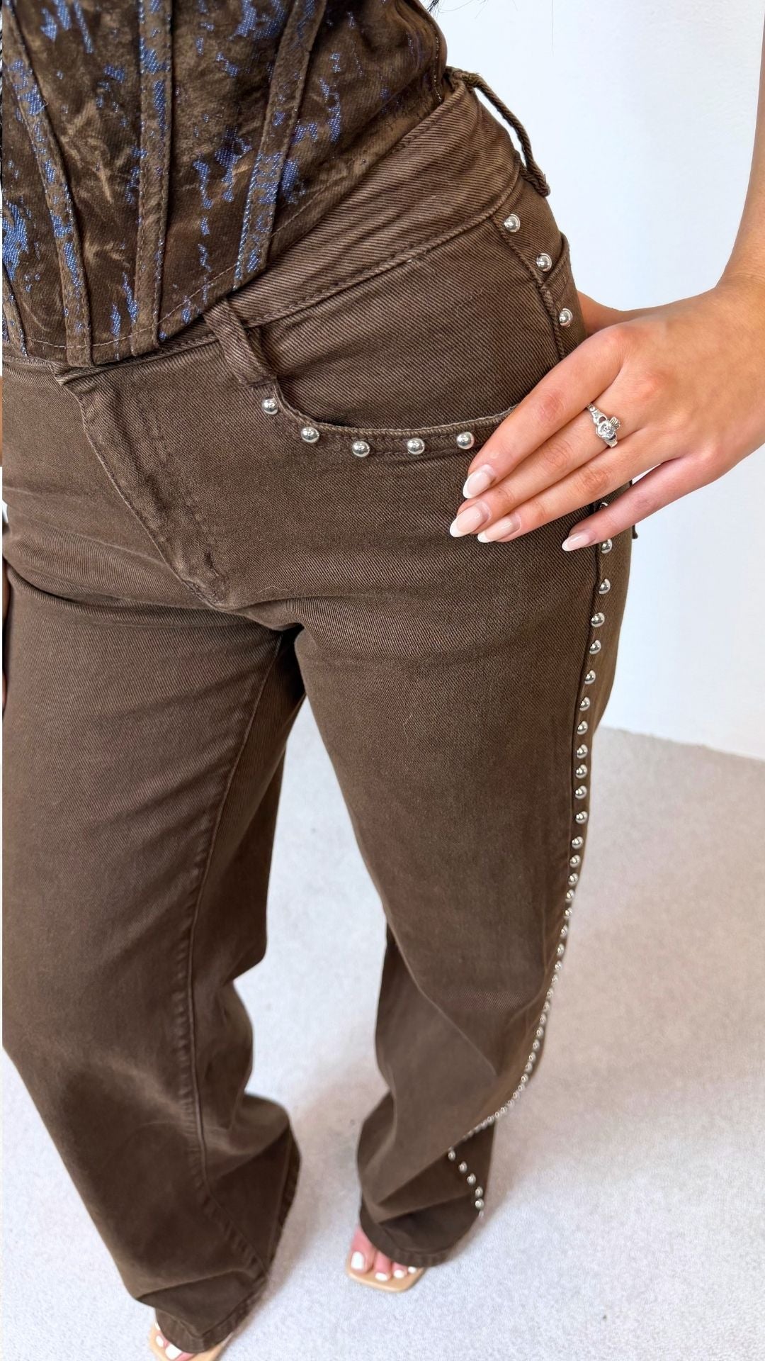 Sorcha - Brown Silver Stud Detail Straight Leg Jeans