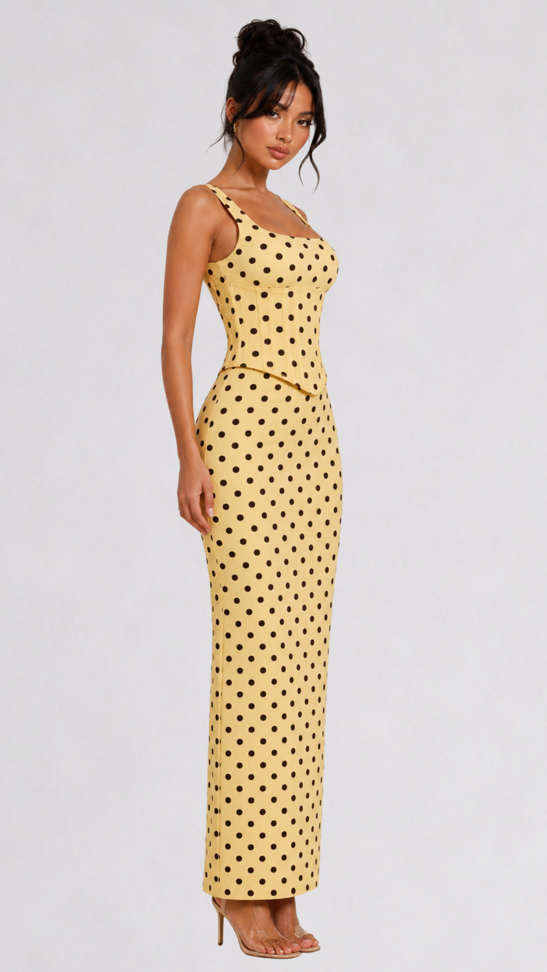 Gia - Scoop Corset Maxi Lemon/Brown Polka Dot