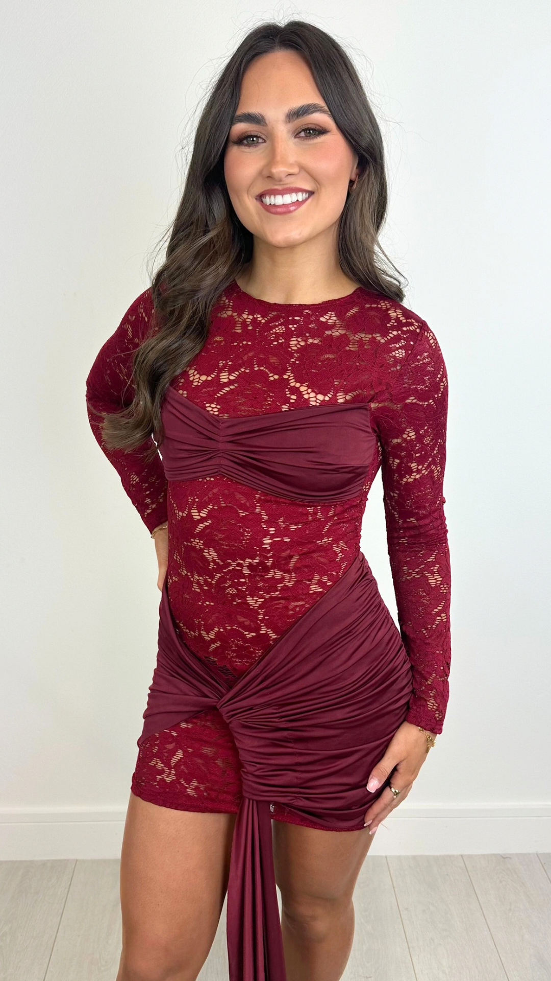 Lola - Wine Lace Drape Front Bodycon