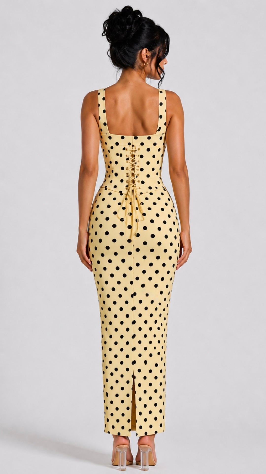 Gia - Scoop Corset Maxi Lemon/Brown Polka Dot
