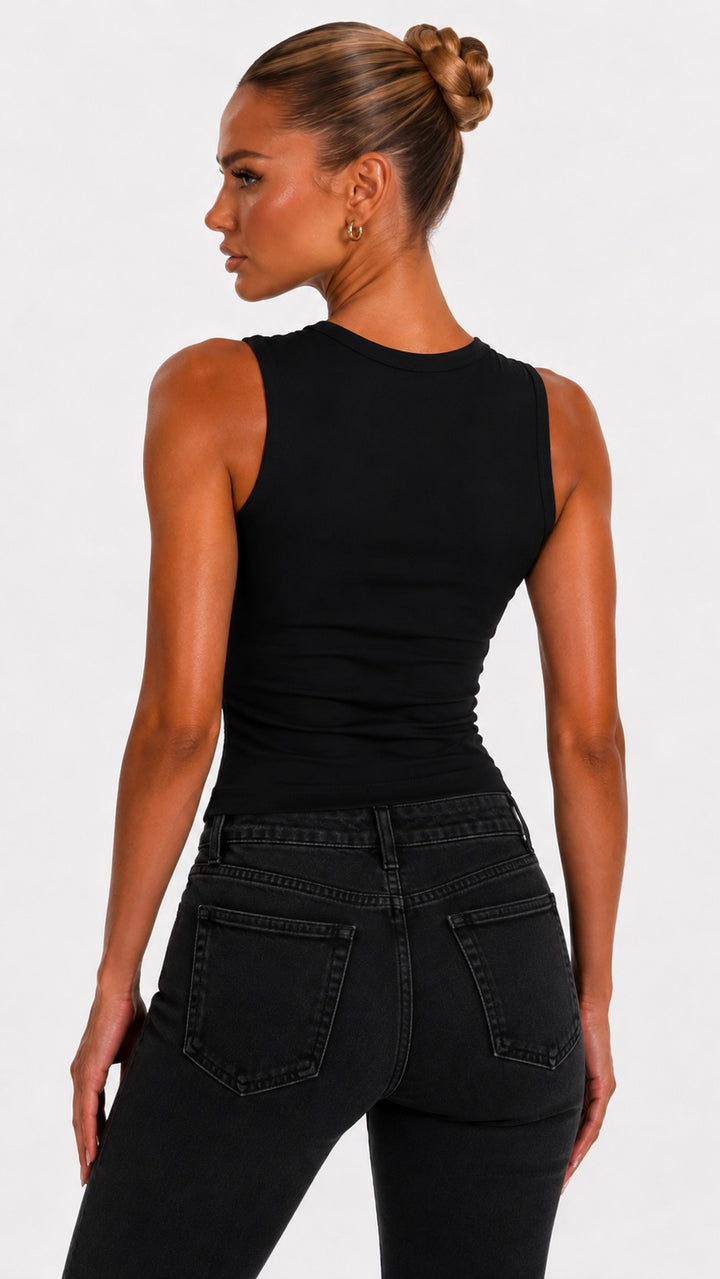 Lola - Stud Neck Black Ribbed Crop