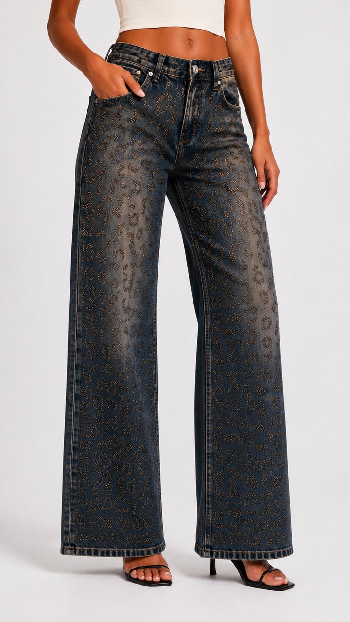 Ayda - Beige Wash Bronze Diamonte Leopard Print Jeans