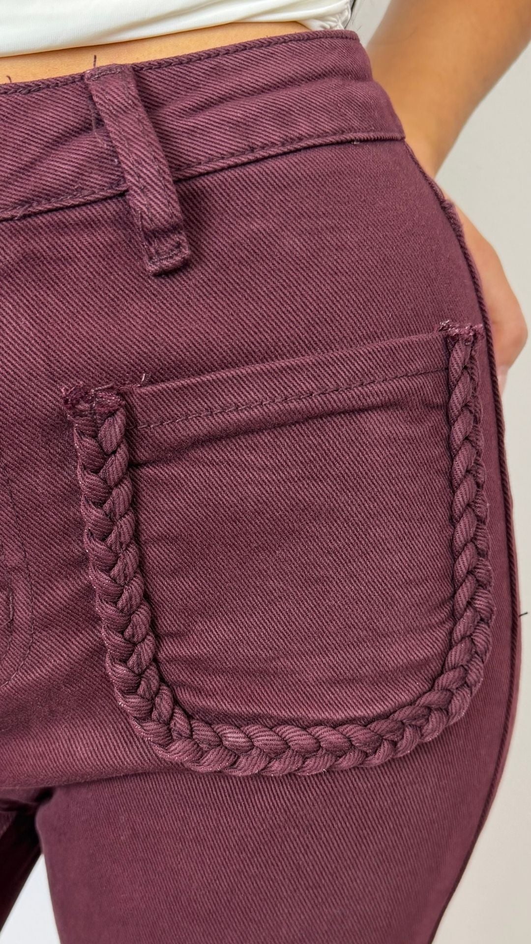 Phoebe - Wine Braid Pocket Straight Leg Jeans