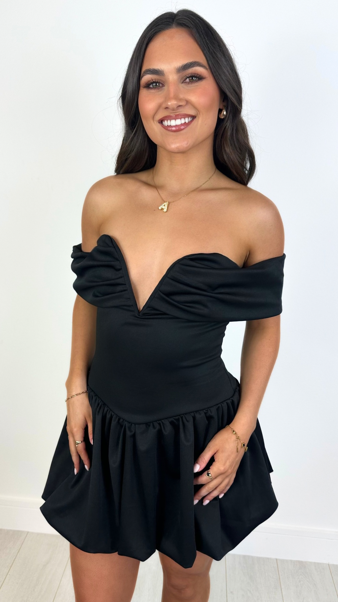 Roz - Off-Shoulder Layered Bubble Hem Mini Dress Black