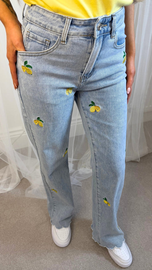 Clara - Lemon Embroidered Scallop Hem Jeans