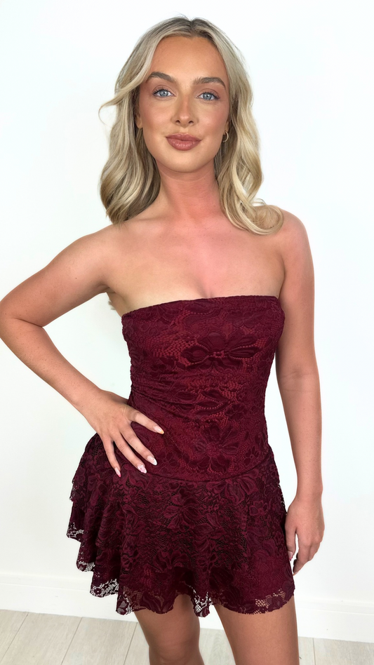 Pia - Bandeau Lace Frill Skirt Mini Dress Wine