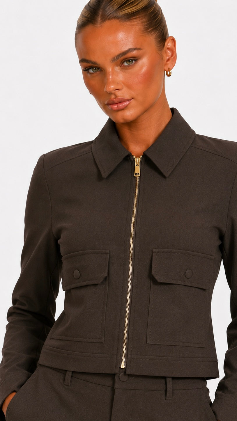 Eve - Brown Front Pocket Zip Front Jacket