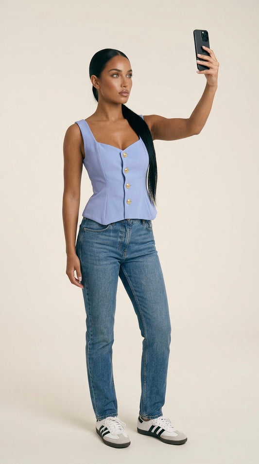 Mia - Peplum Button Front Top Sky Blue