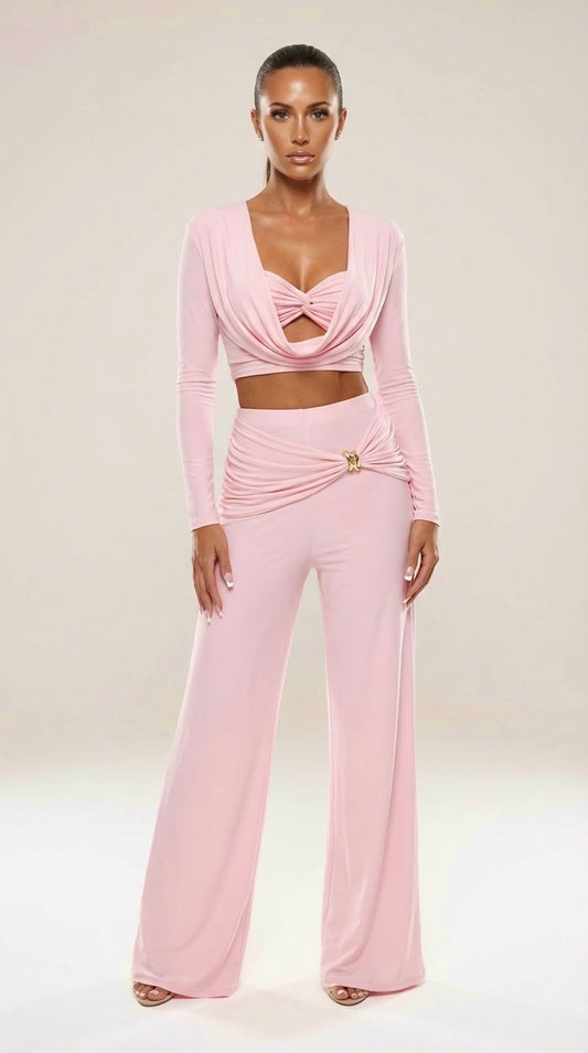 Megan - Slinky Crop & Trouser Co-Ord Baby Pink