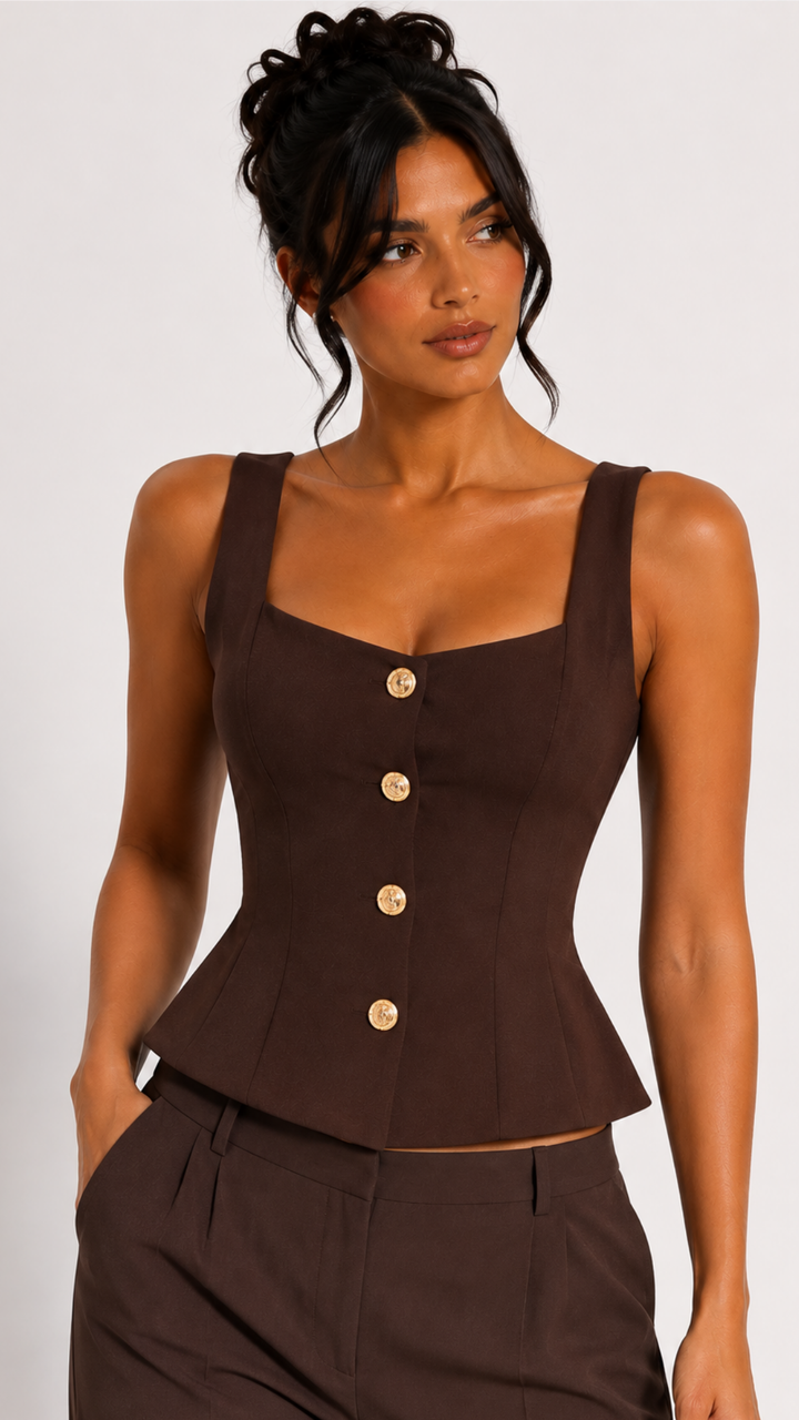 Pia - Brown Button Down Peplum Top