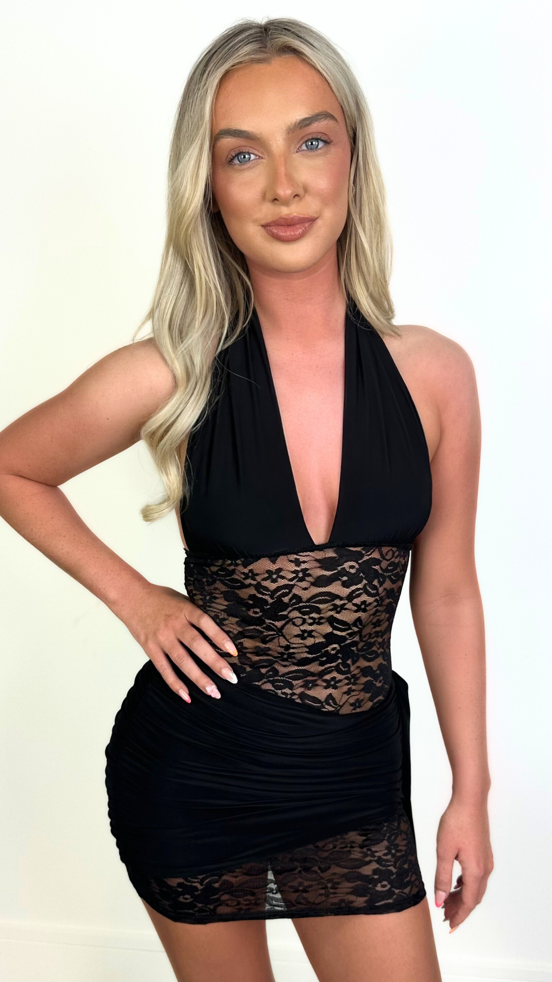 Ellise - Black Lace Panel Drape Dress