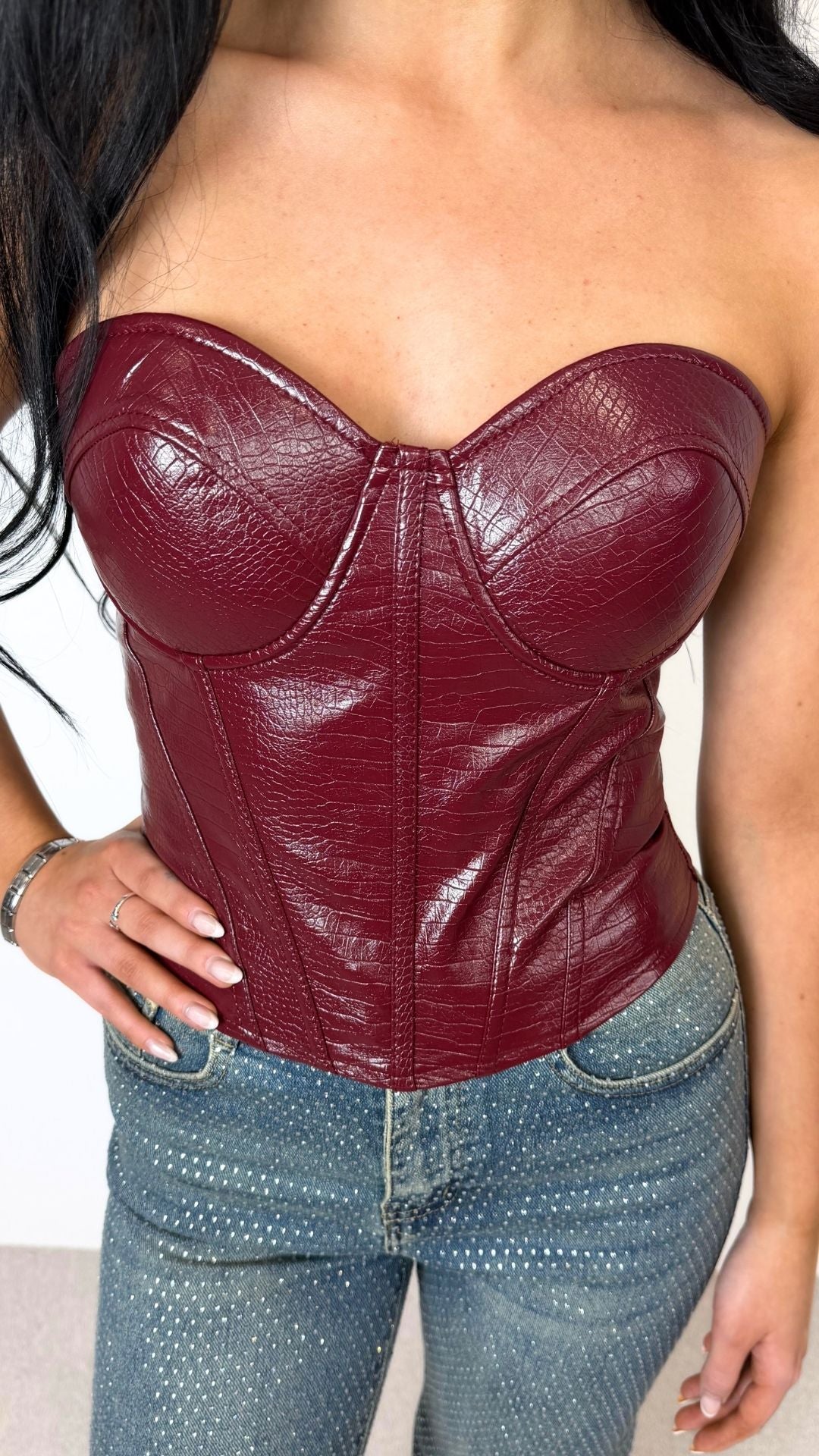 Lola - Textured Burgundy Corset Back Bustier