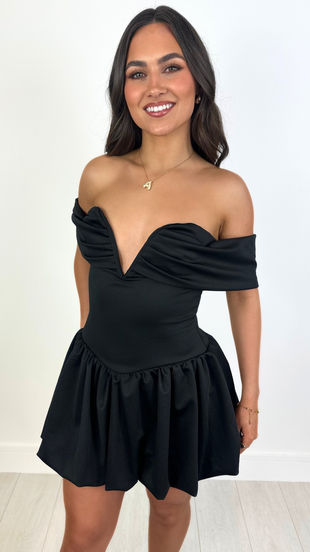 Roz - Off-Shoulder Layered Bubble Hem Mini Dress Black