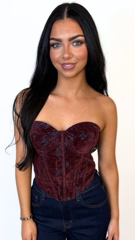 Devin - Velvet/Indigo Denim Corset Back Bustier Burgundy