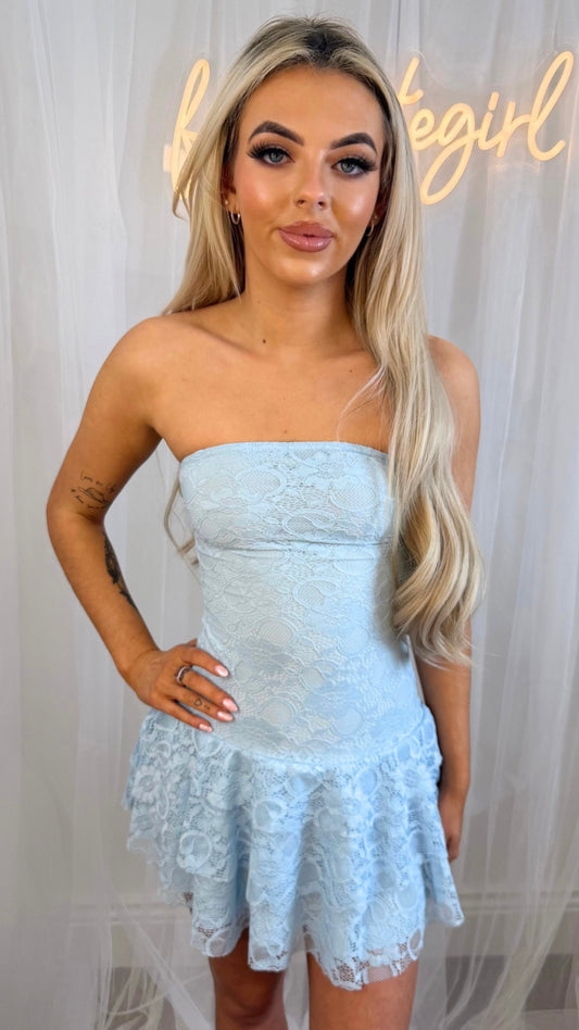 Pia - Bandeau Lace Frill Skirt Mini Dress Baby Blue