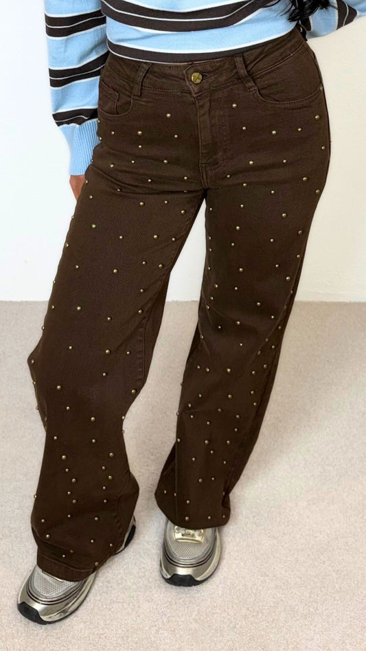 Millie - Brown Bronze Stud Detail Straight Leg Jeans