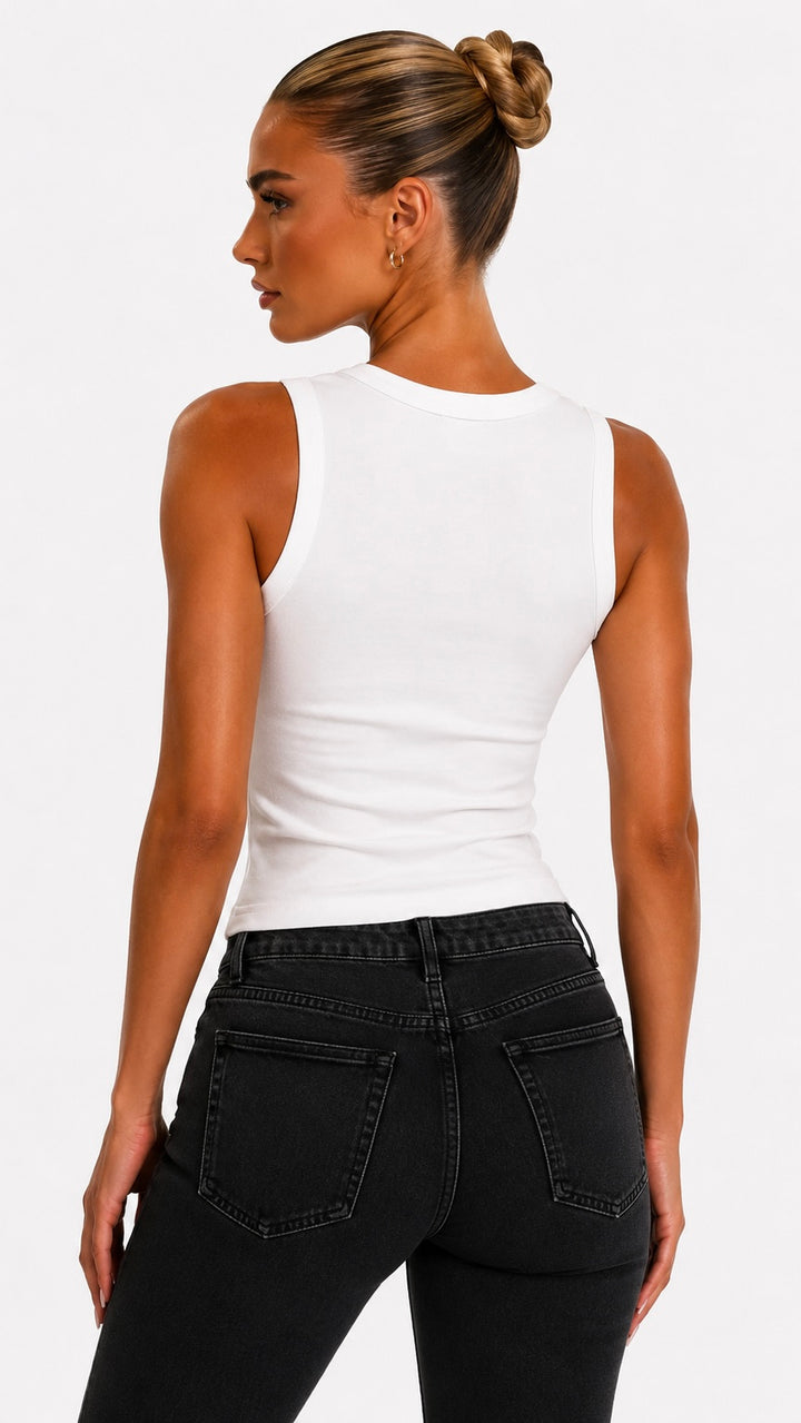 Lola - Stud Neck White Ribbed Crop