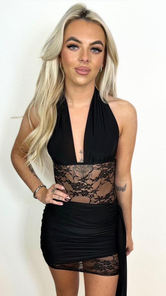 Ellise - Black Lace Panel Drape Dress