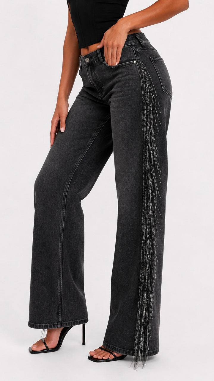 Dolly - Western Lurex Fringe Wide Leg Black Denim Jeans