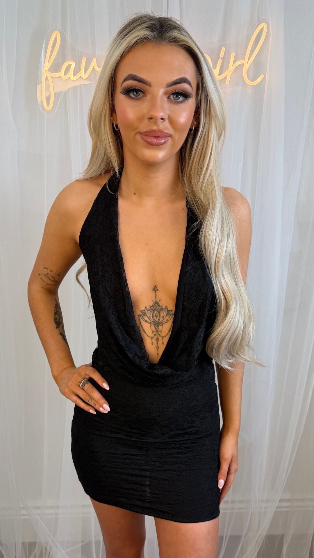 Sora - Lace Drape Mini Dress Black