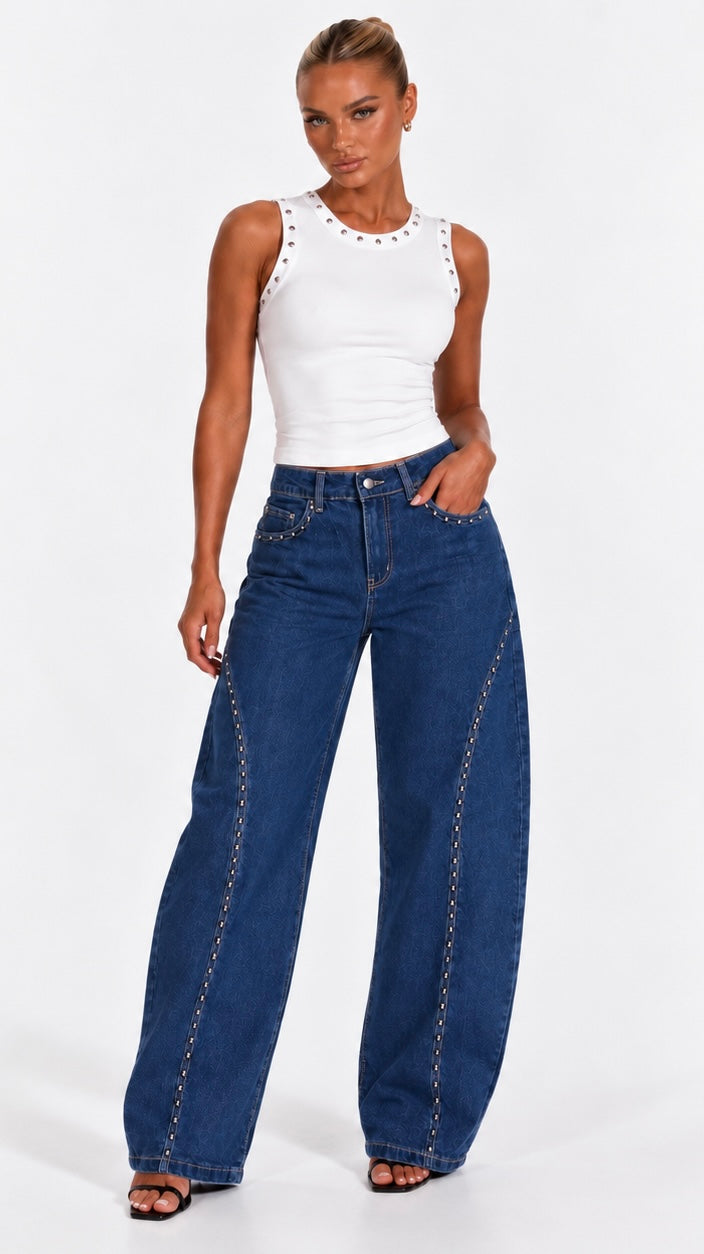 Dixie - Indigo Stud Barrell Leg Jeans