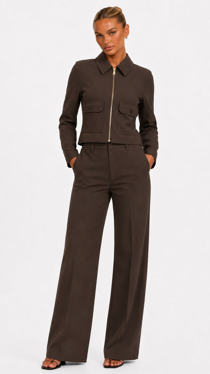 Eve - Brown Front Pocket Zip Front Jacket